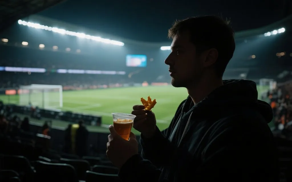 夜间加时赛氛围下，观众在看台上手持零食与饮品的安静时刻