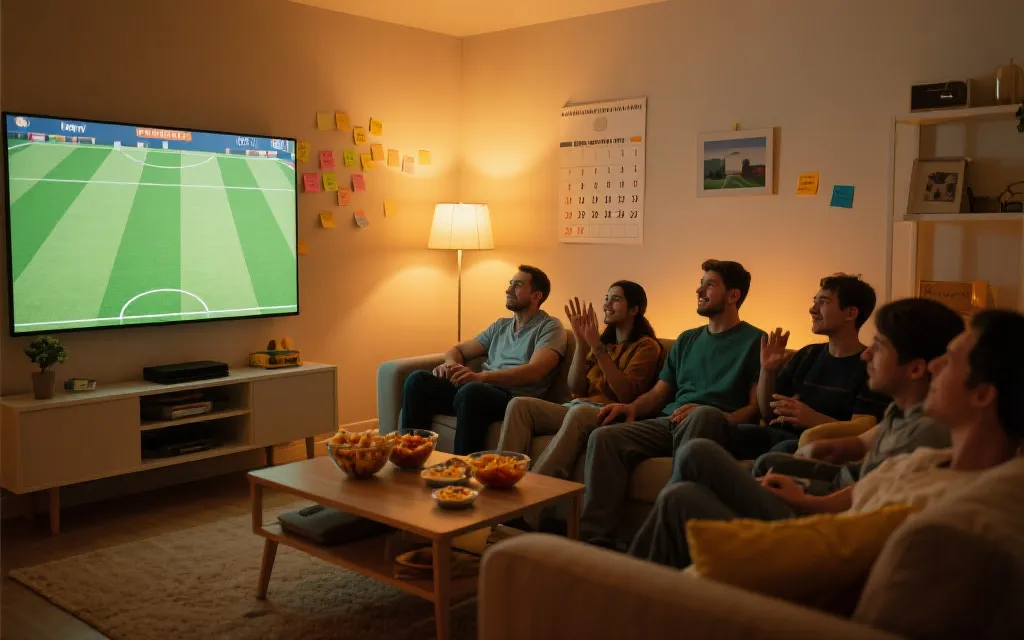 球迷客厅观赛聚会场景，日历与零食布置